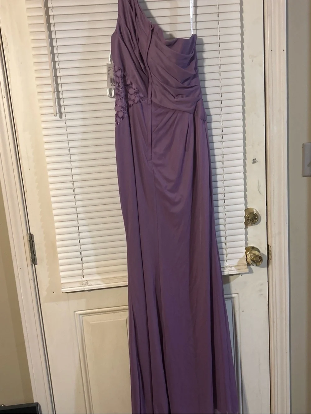 David's Bridal One-Shoulder Mauve Evening Gown Length is 60” strap to bottom - Picture 5 of 7